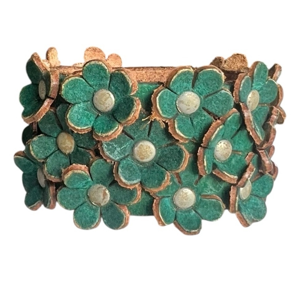 Vintage Turquoise Green Flower Studded Leather Cuff Bracelet Y2K